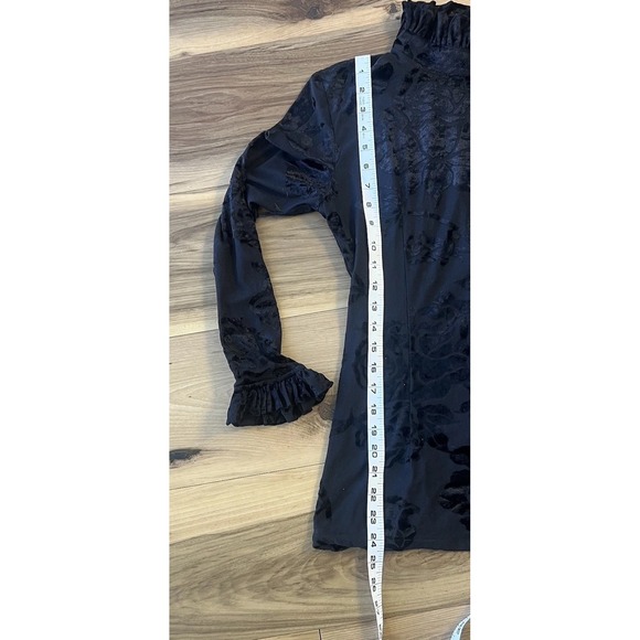 Vintage Black Burnout Velvet High-Neck Ruffle Top Long Sleeve Floral Blouse Sz S - Picture 8 of 11